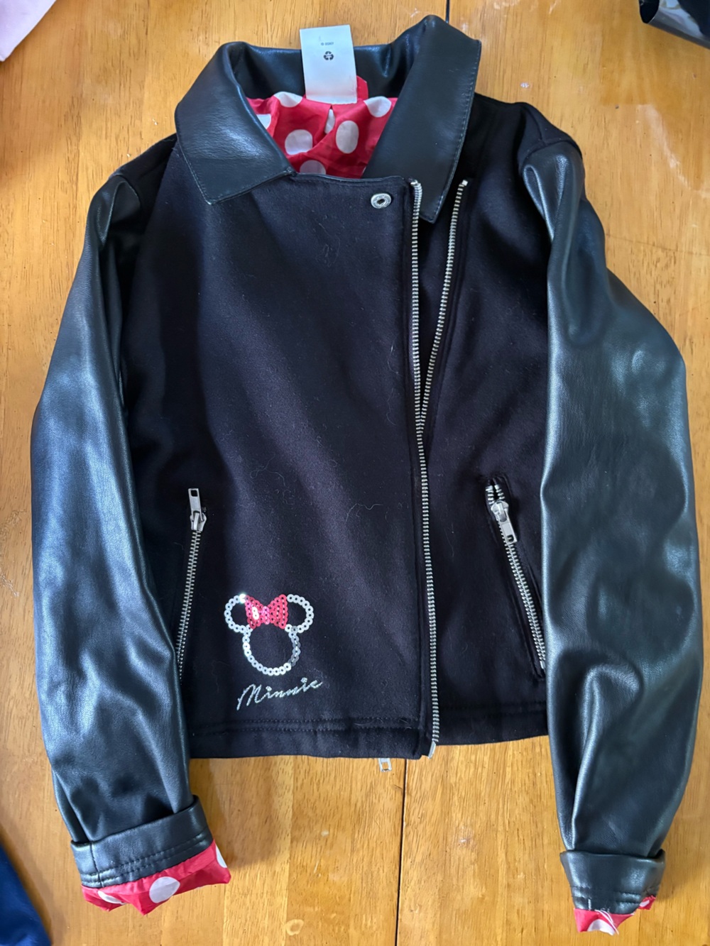 Disney Girls Black Faux Leather Sleeve Minnie Jacket with Pink Polka Dot Lining